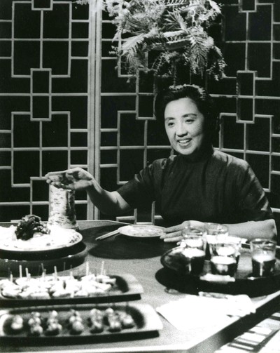 Joyce Chen on set of WGBH show Joyce Chen Cooks