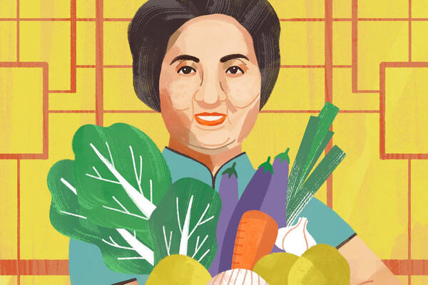 Illustration of Joyce Chen with vegetables